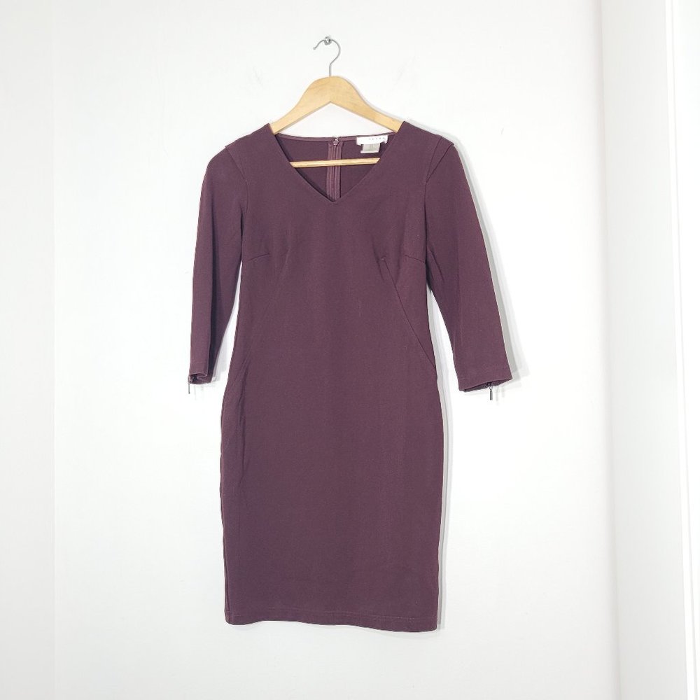 Kenar Women Burgundy 3/4 Sleeve V-Neck Back Zipper Mini Sheath Dress Office Sz 2